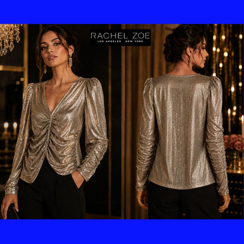 Rachel Zoe Metallic Gold Ruched Puff Sleeve V-Neck Crop Top S